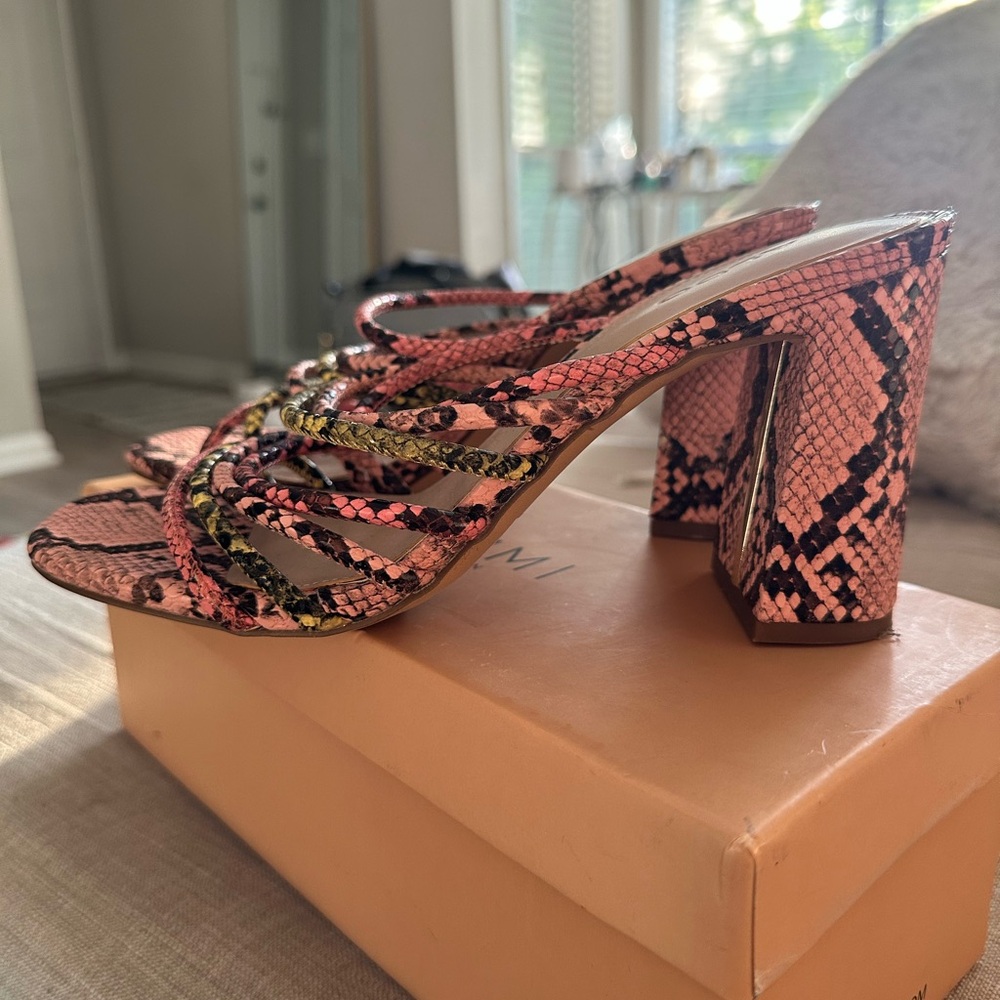 Aldo Pink and Black Heeled Mules with Chunky Block Heel